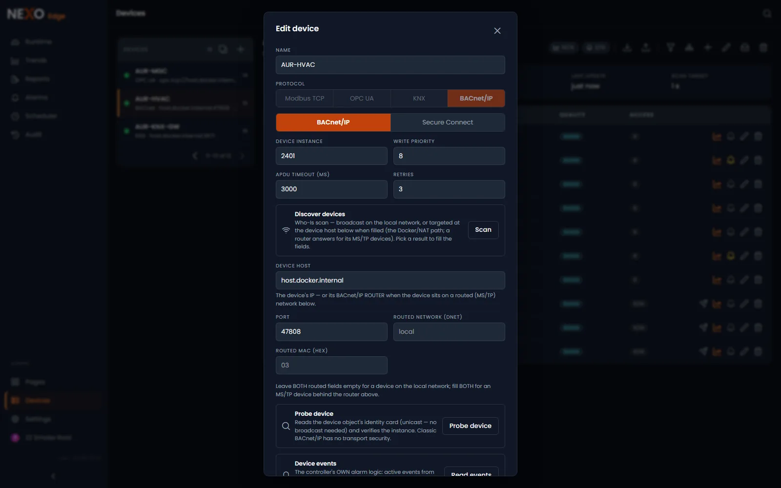 Adding a device in NEXO Edge: the protocol is picked from Modbus TCP, OPC UA, KNX and BACnet/IP, with the BACnet device instance, write priority, APDU timeout and a Who-Is discovery scan on the same form
